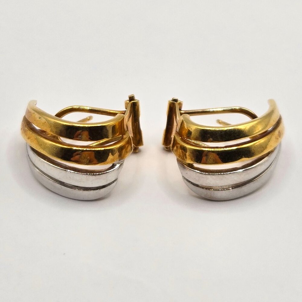 18K Two-Tone Banded Style Fold Back Earrings - 5.6g